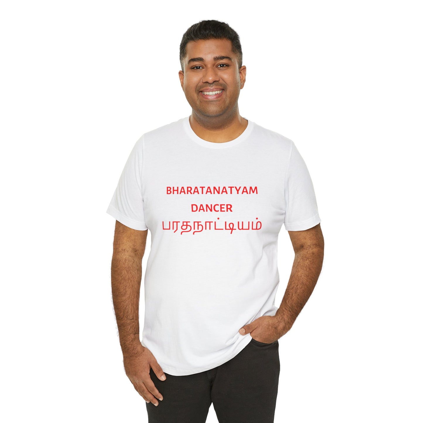 a man wearing a white shirt that says bharatanatyam dancer with bharatanatyam written in Tamil