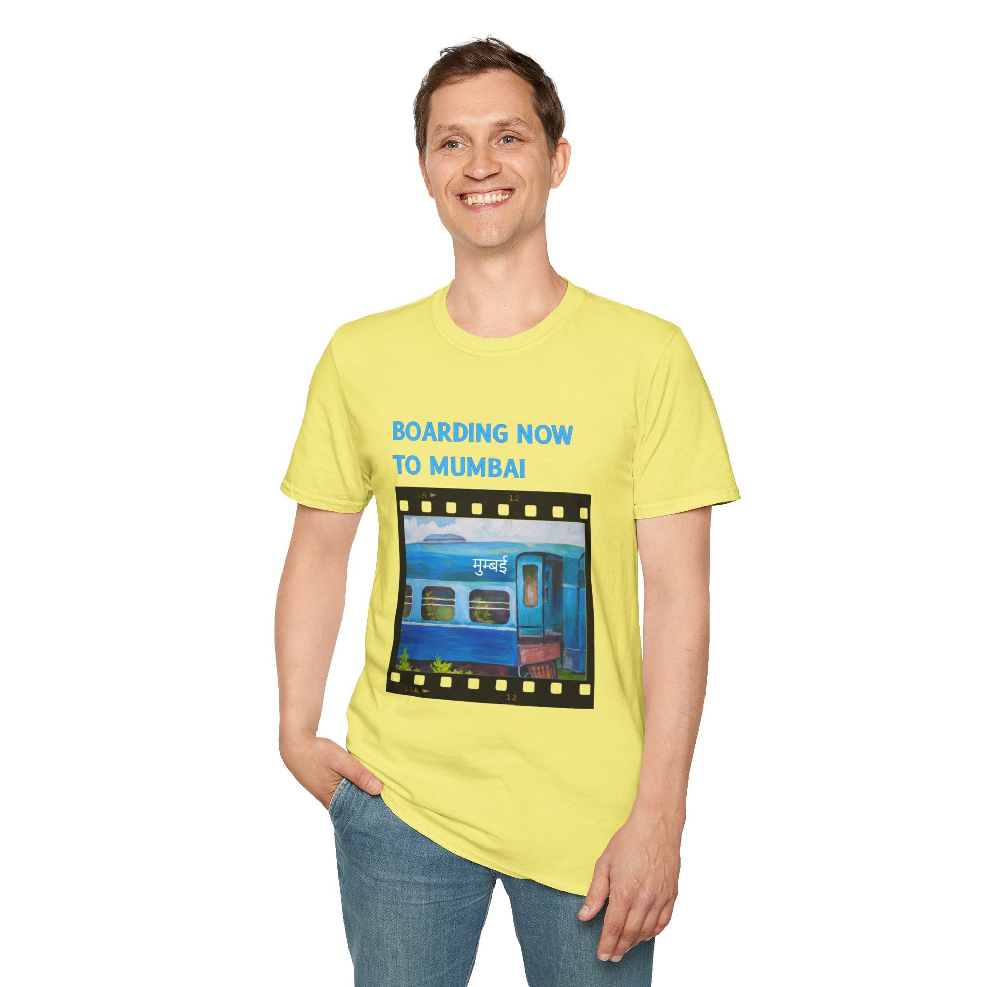 a man wearing a cornsilk yellow shirt that says boarding now to mumbai with a graphic of a train