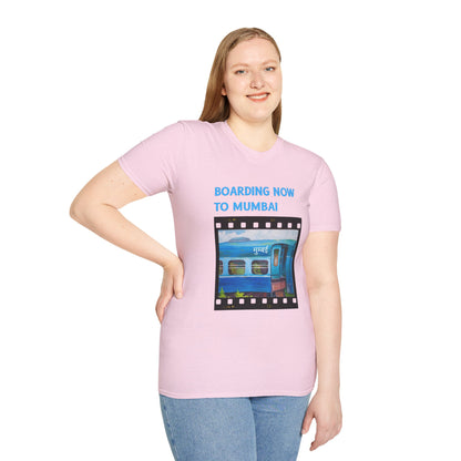 a woman wearing a light pink shirt that says boarding now to mumbai with a graphic of a train