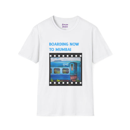 a white shirt that says boarding now to mumbai with a graphic of a train