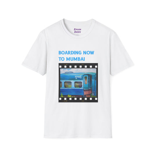 a white shirt that says boarding now to mumbai with a graphic of a train