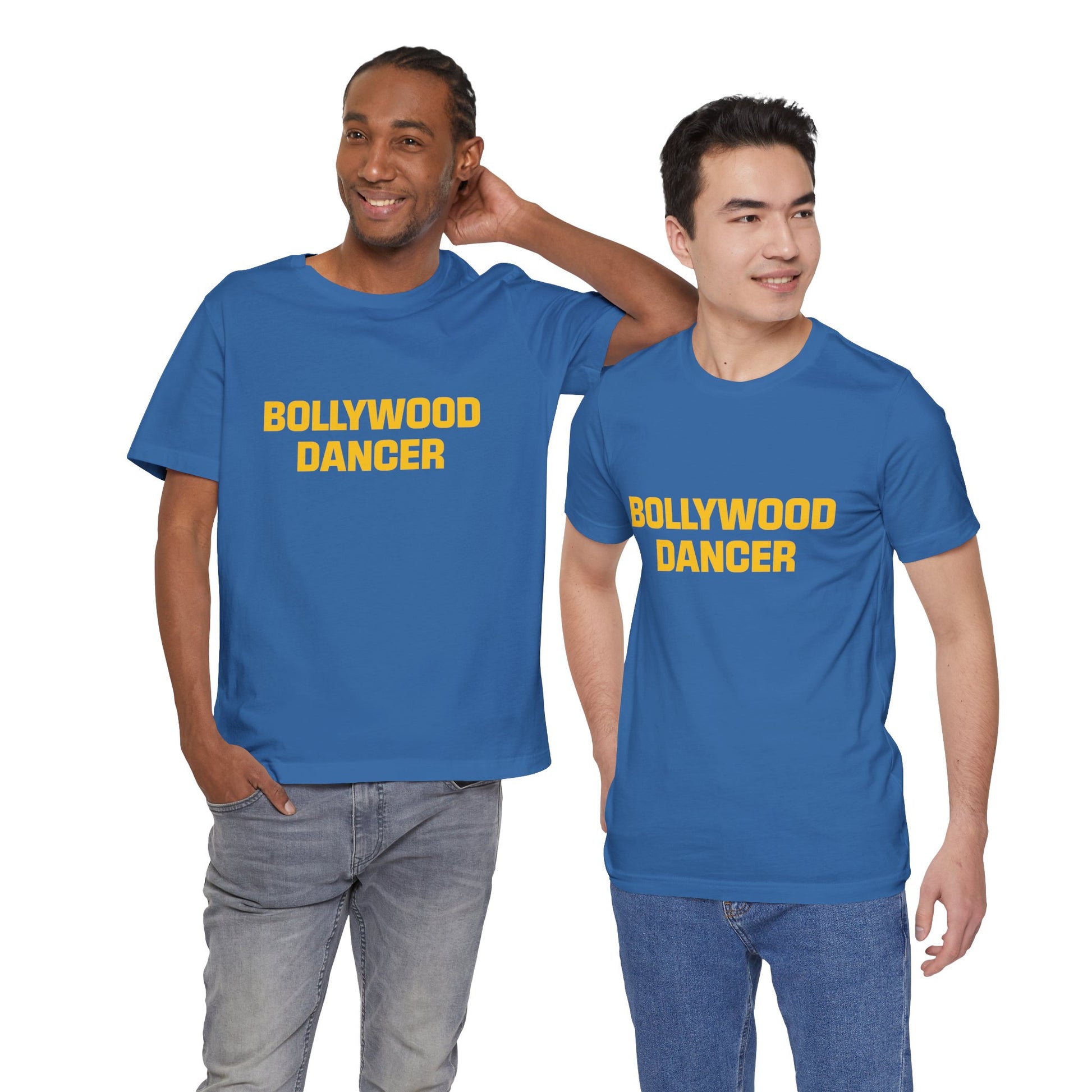 men wearing a columbia blue shirt that says Bollywood Dancer