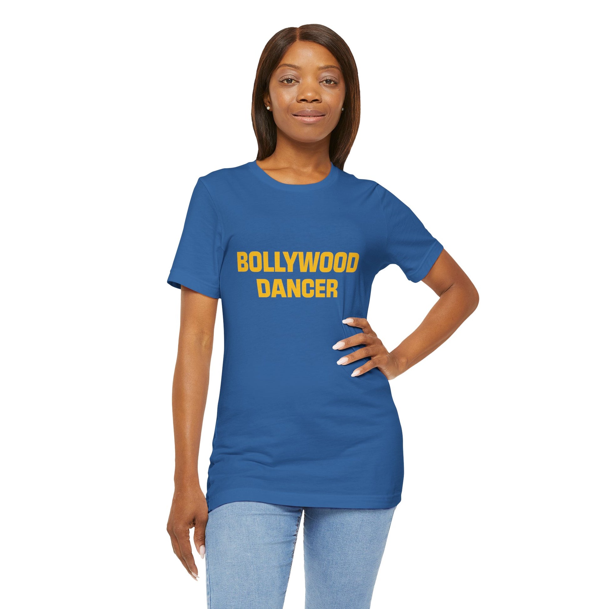 a woman wearing a columbia blue shirt that says Bollywood Dancer