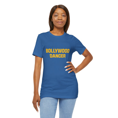 a woman wearing a columbia blue shirt that says Bollywood Dancer