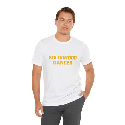 a man wearing a white shirt that says bollywood dancer