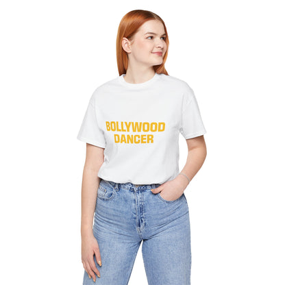 a woman wearing a white shirt that says bollywood dancer