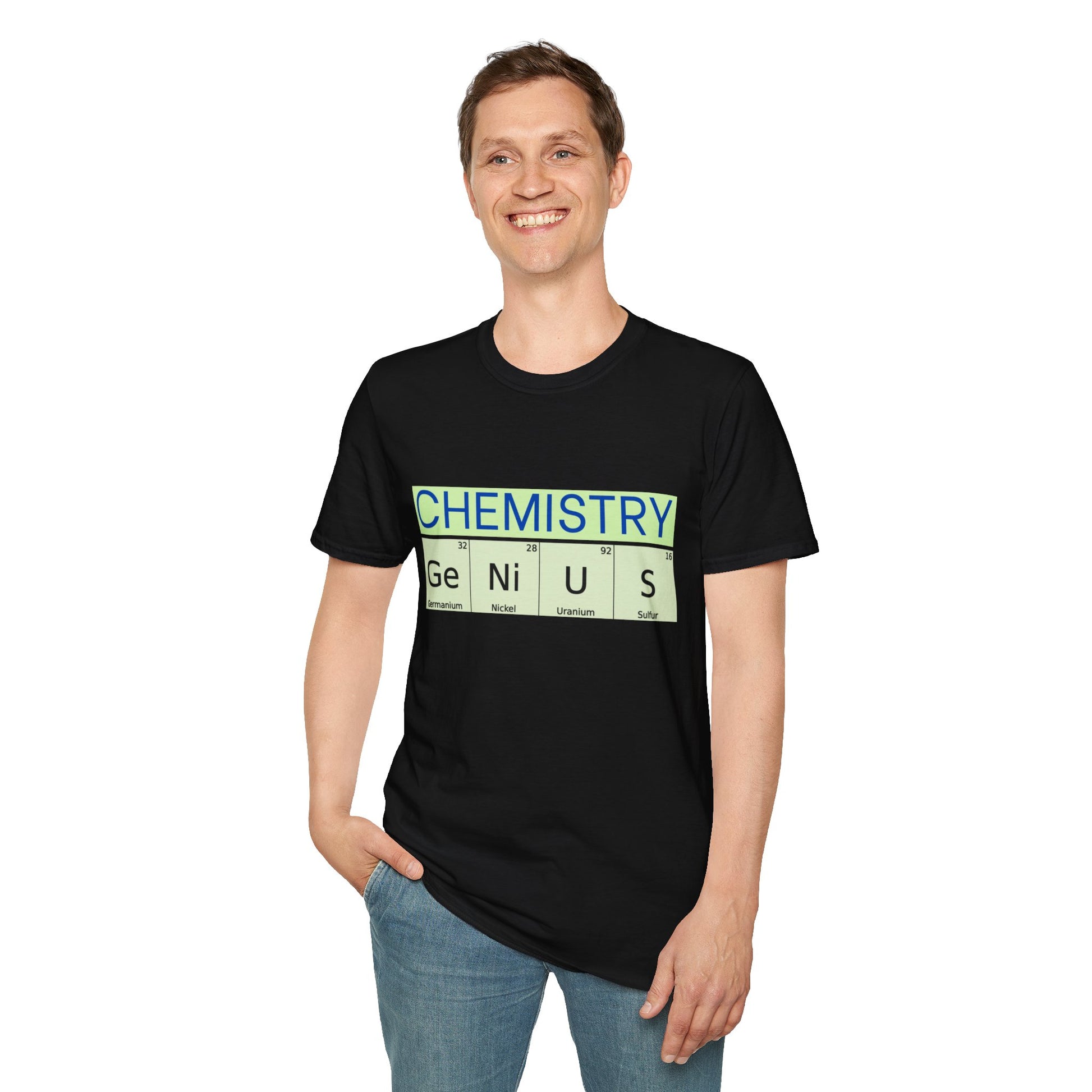 a man wearing a black shirt that says chemistry and genius written with periodic table element abbreviations