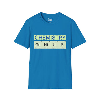 a sapphire blue shirt that says chemistry and genius written with periodic table element abbreviations