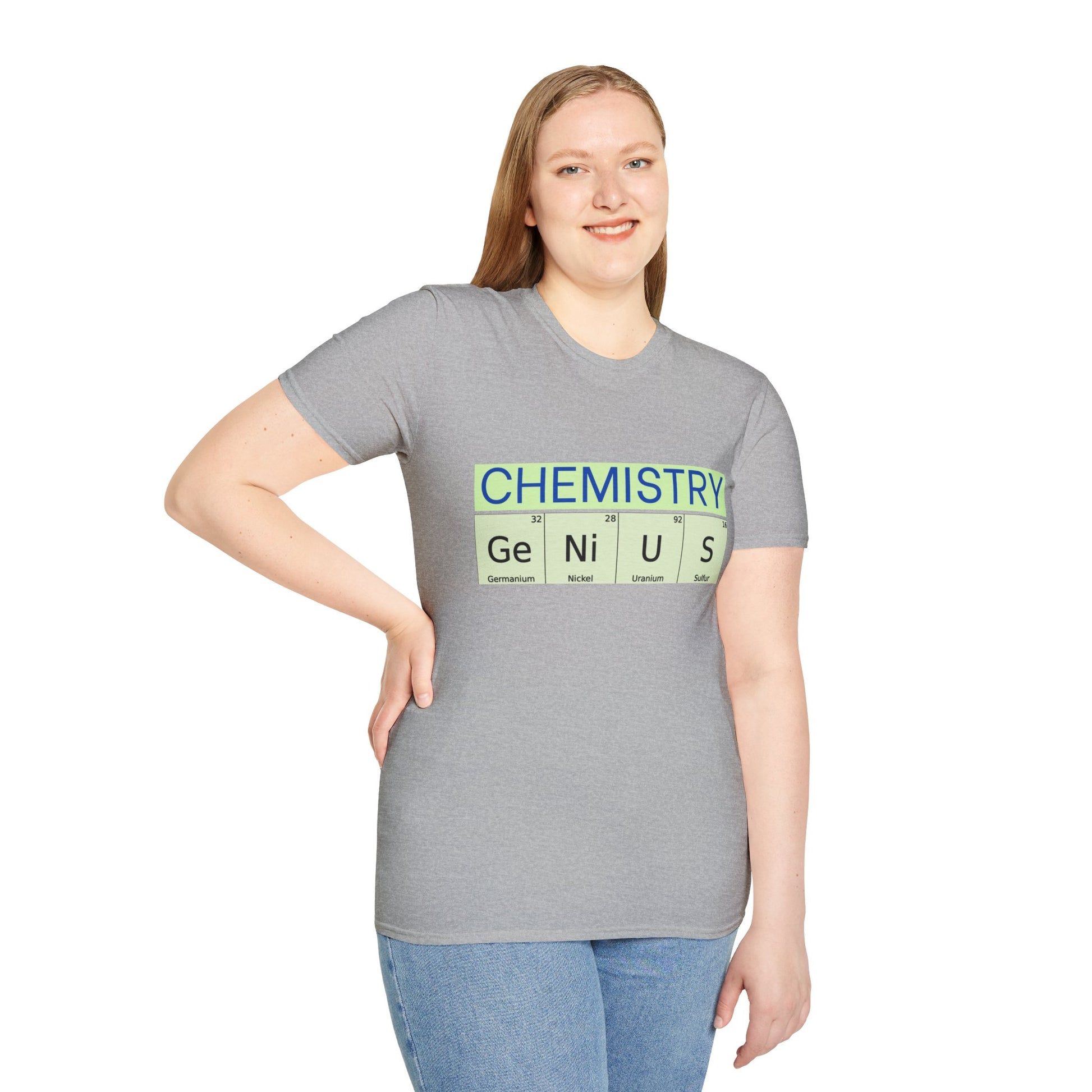 a woman wearing a sport grey shirt that says chemistry and genius written with periodic table element abbreviations