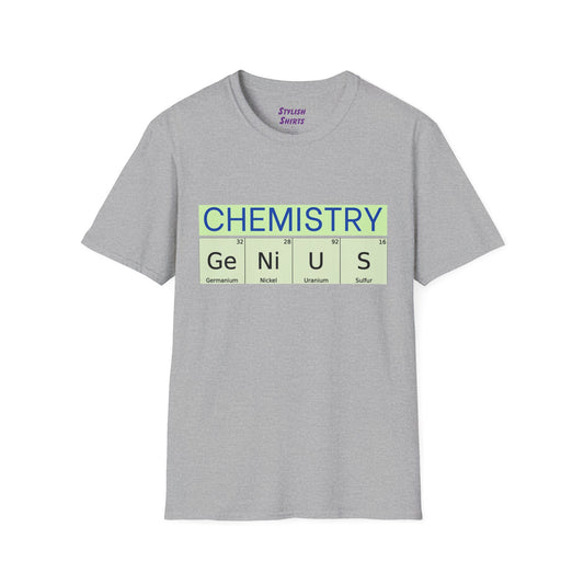 a sport grey shirt that says chemistry and genius written with periodic table element abbreviations