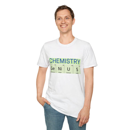 a man wearing a white shirt that says chemistry and genius written with periodic table element abbreviations