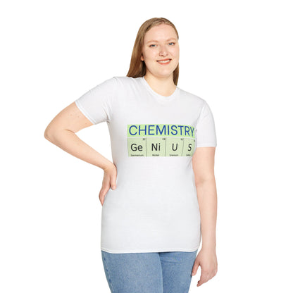 a woman wearing a white shirt that says chemistry and genius written with periodic table element abbreviations