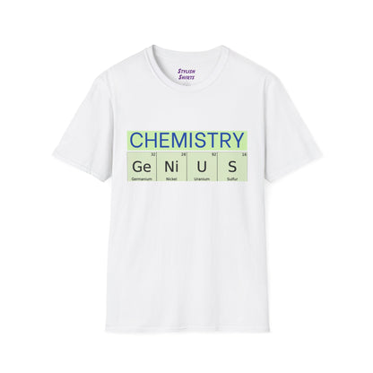a white shirt that says chemistry and genius written with periodic table element abbreviations
