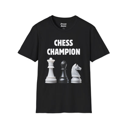 a black shirt that says chess champion with a graphic of a Queen piece next to a Bishop piece next to a Knight piece