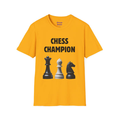 a gold shirt that says chess champion with a graphic of a Queen piece next to a Bishop piece next to a Knight piece