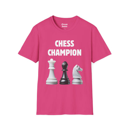 a heliconia pink shirt that says chess champion with a graphic of a Queen piece next to a Bishop piece next to a Knight piece