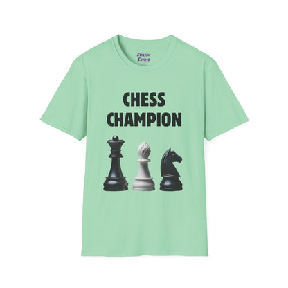 a mint green shirt that says chess champion with a graphic of a Queen piece next to a Bishop piece next to a Knight piece