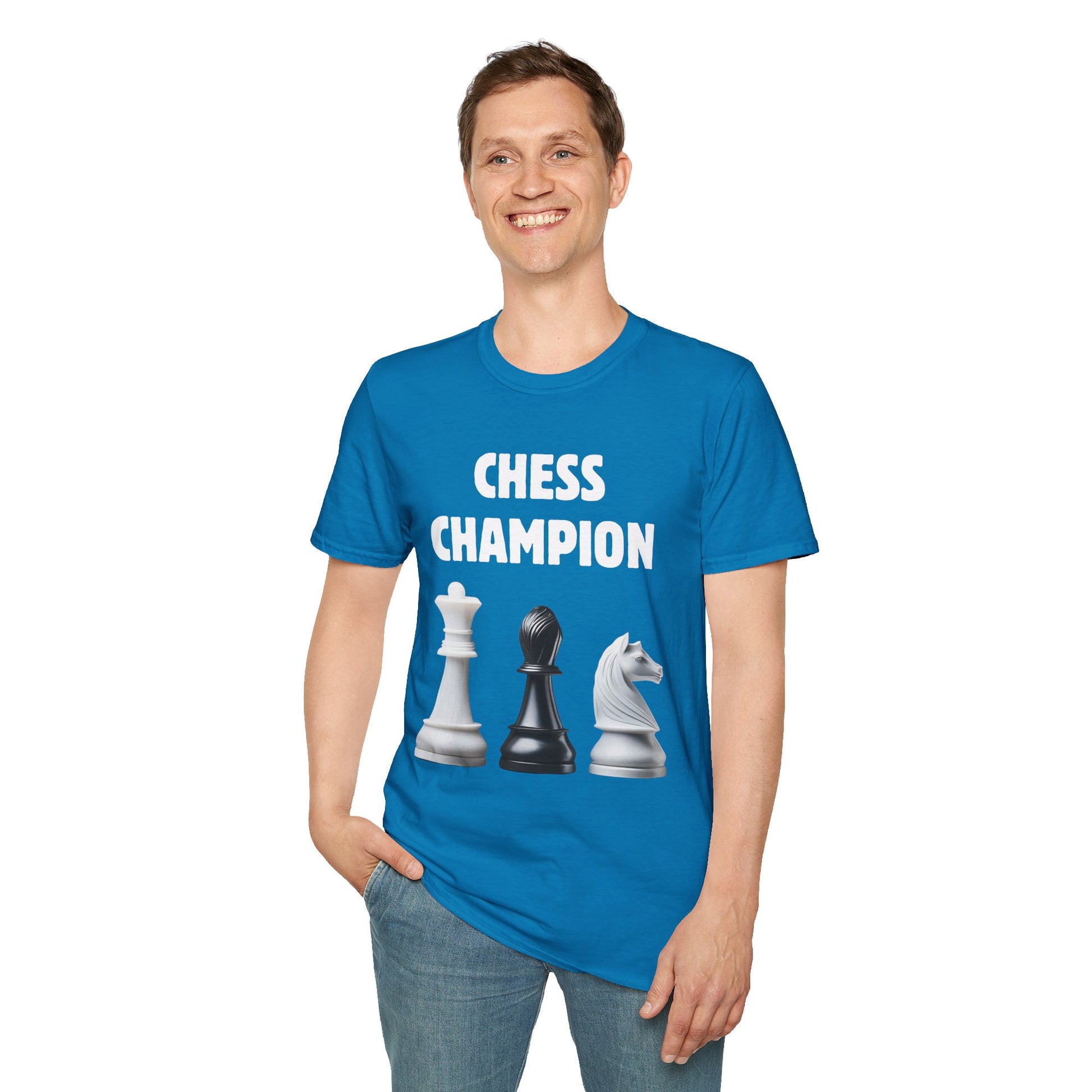 a man wearing a sapphire blue shirt that says chess champion with a graphic of a Queen piece next to a Bishop piece next to a Knight piece
