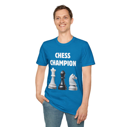 a man wearing a sapphire blue shirt that says chess champion with a graphic of a Queen piece next to a Bishop piece next to a Knight piece