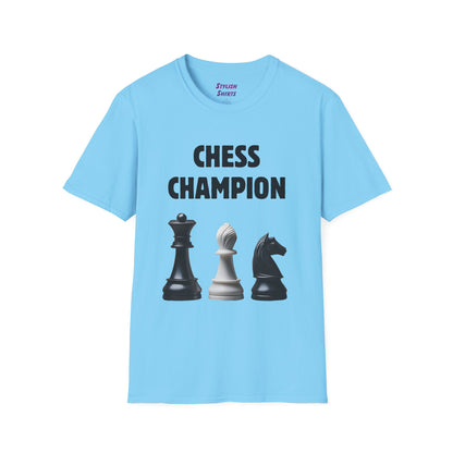 a sky blue shirt that says chess champion with a graphic of a Queen piece next to a Bishop piece next to a Knight piece