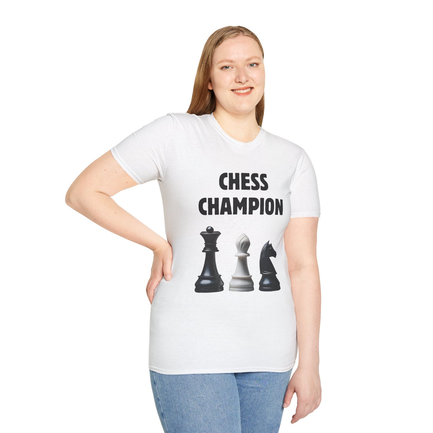 a woman wearing a white shirt that says chess champion with a graphic of a Queen piece next to a Bishop piece next to a Knight piece