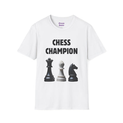 a white shirt that says chess champion with a graphic of a Queen piece next to a Bishop piece next to a Knight piece