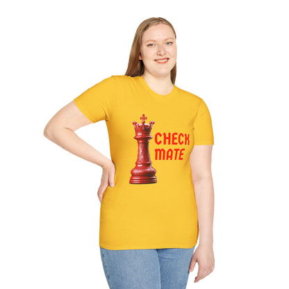 a woman wearing a daisy yellow shirt that says checkmate with a king chess piece
