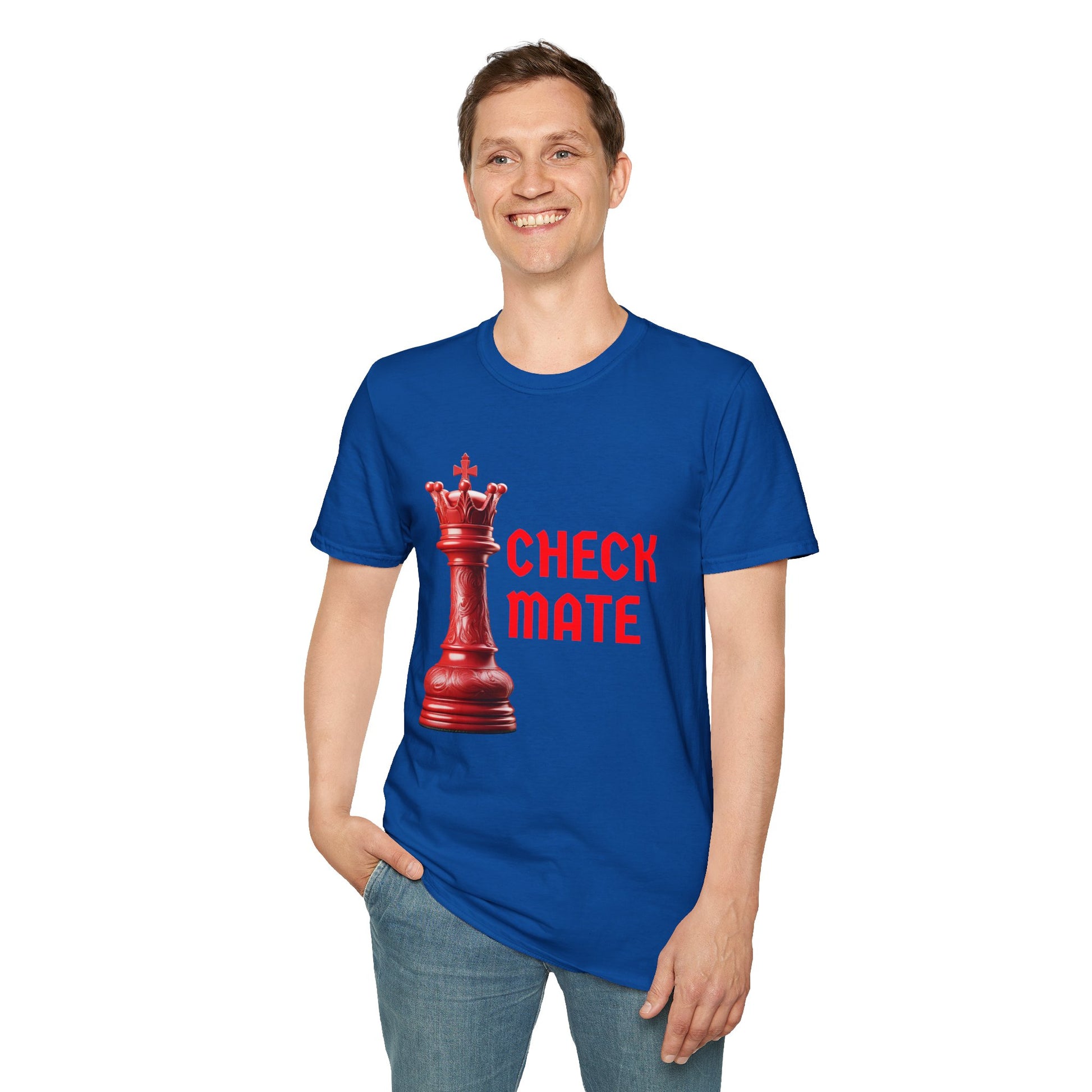 a man wearing a royal blue shirt that says checkmate with a king chess piece