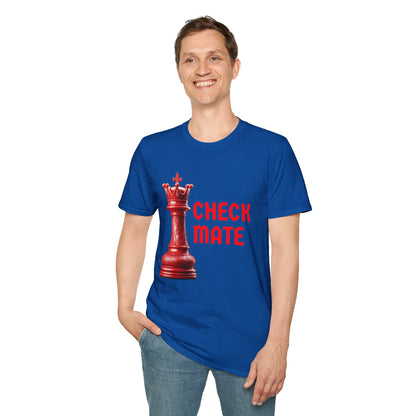 a man wearing a royal blue shirt that says checkmate with a king chess piece