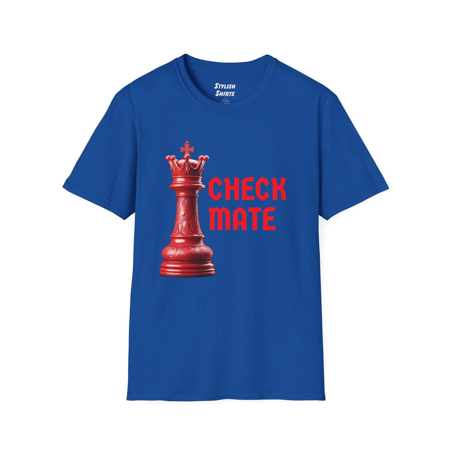 a royal blue shirt that says checkmate with a king chess piece