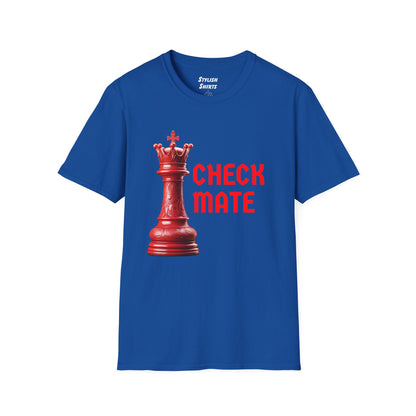 a royal blue shirt that says checkmate with a king chess piece