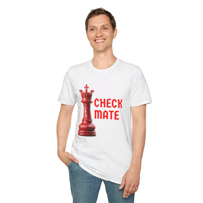 a man wearing a white shirt that says checkmate with a king chess piece