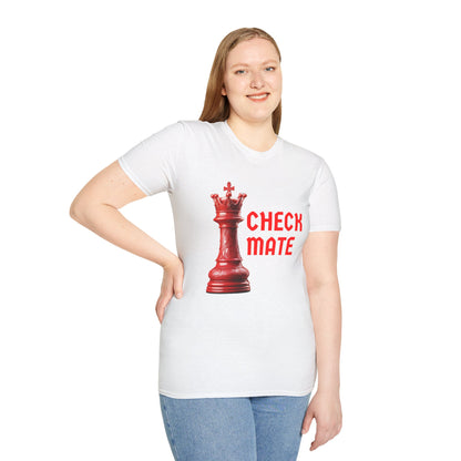 a woman wearing a white shirt that says checkmate with a king chess piece