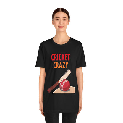 a woman wearing a black shirt that says cricket crazy with a graphic of a cricket bat and ball