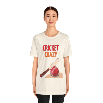 a woman wearing a natural shirt that says cricket crazy with a graphic of a cricket bat and ball