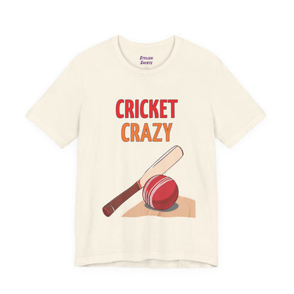 a natural shirt that says cricket crazy with a graphic of a cricket bat and ball