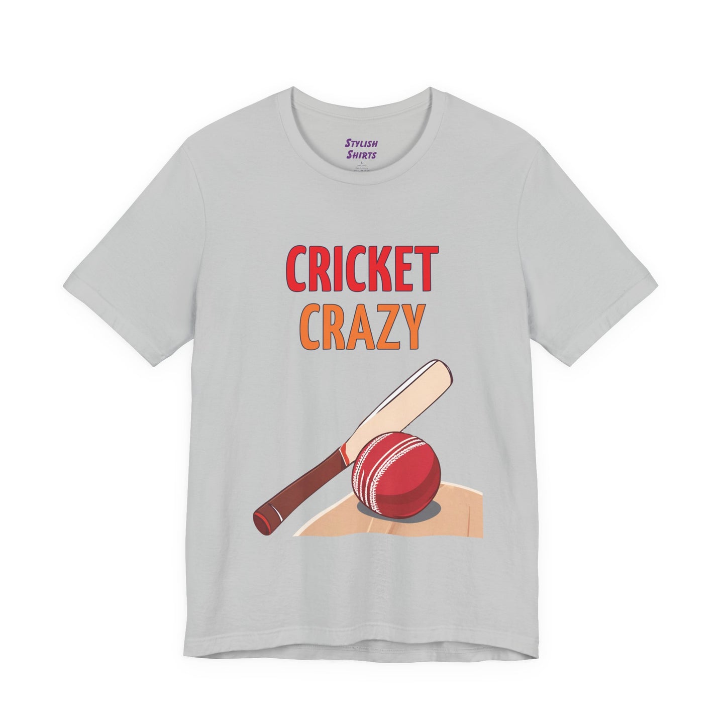 a solid athletic grey shirt that says cricket crazy with a graphic of a cricket bat and ball