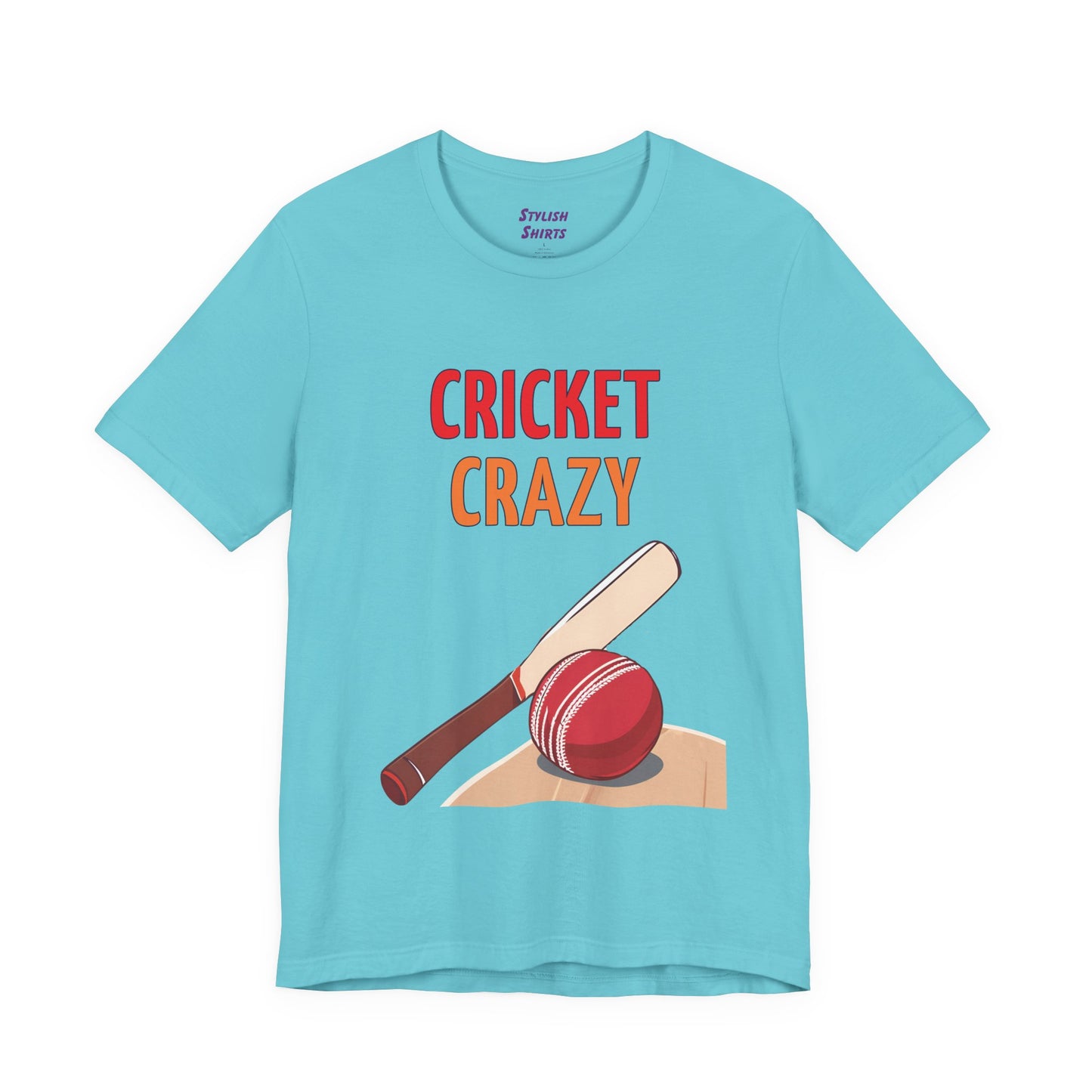 a turquoise blue shirt that says cricket crazy with a graphic of a cricket bat and ball