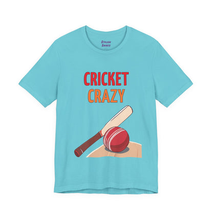 a turquoise blue shirt that says cricket crazy with a graphic of a cricket bat and ball