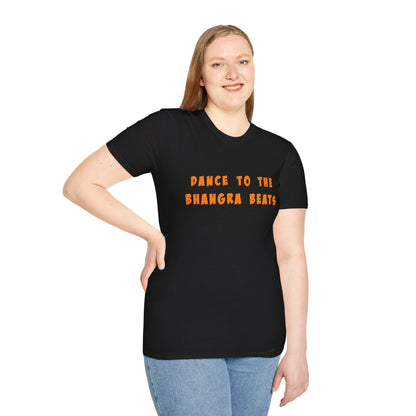 a woman wearing a black shirt that says Dance to the Bhangra Beats