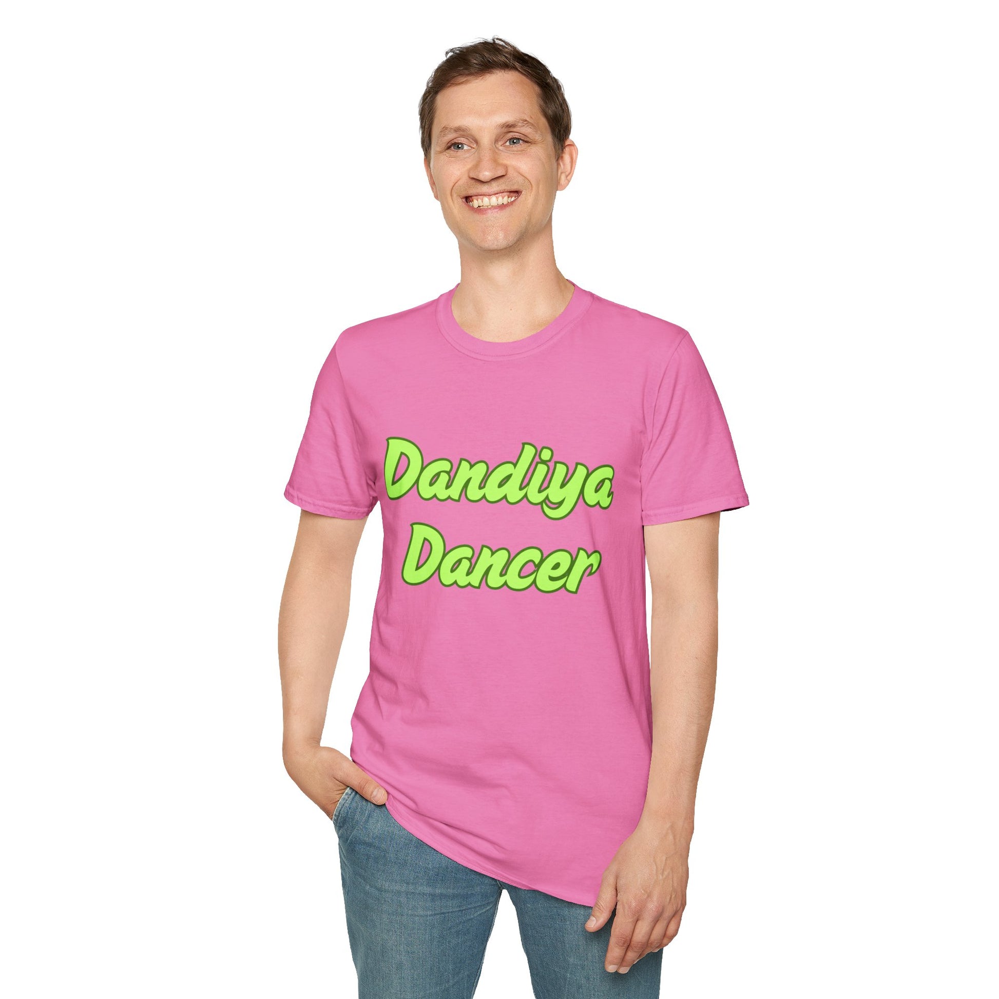 a man wearing an azalea pink shirt that says Dandiya Dancer