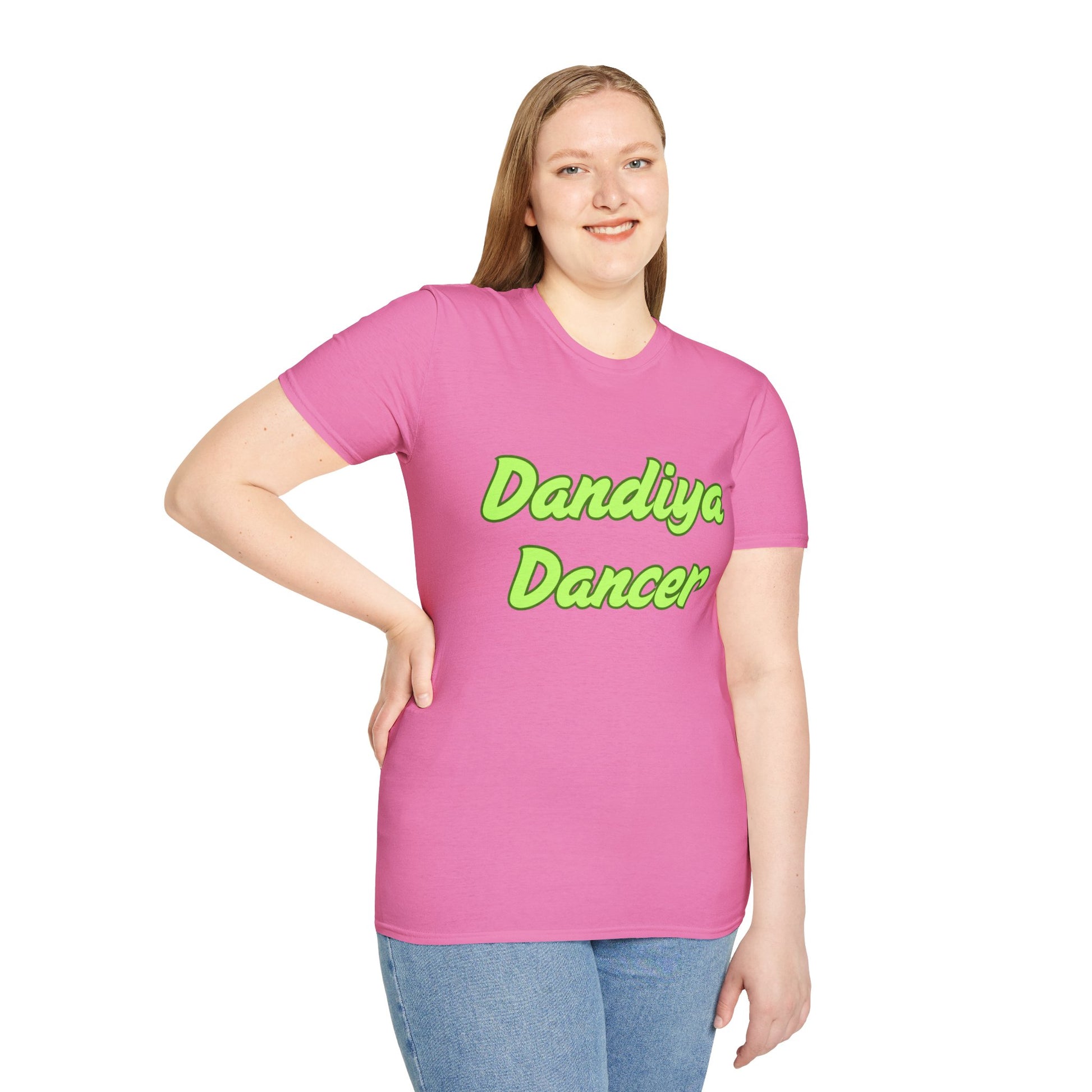 a woman wearing an azalea pink shirt that says Dandiya Dancer