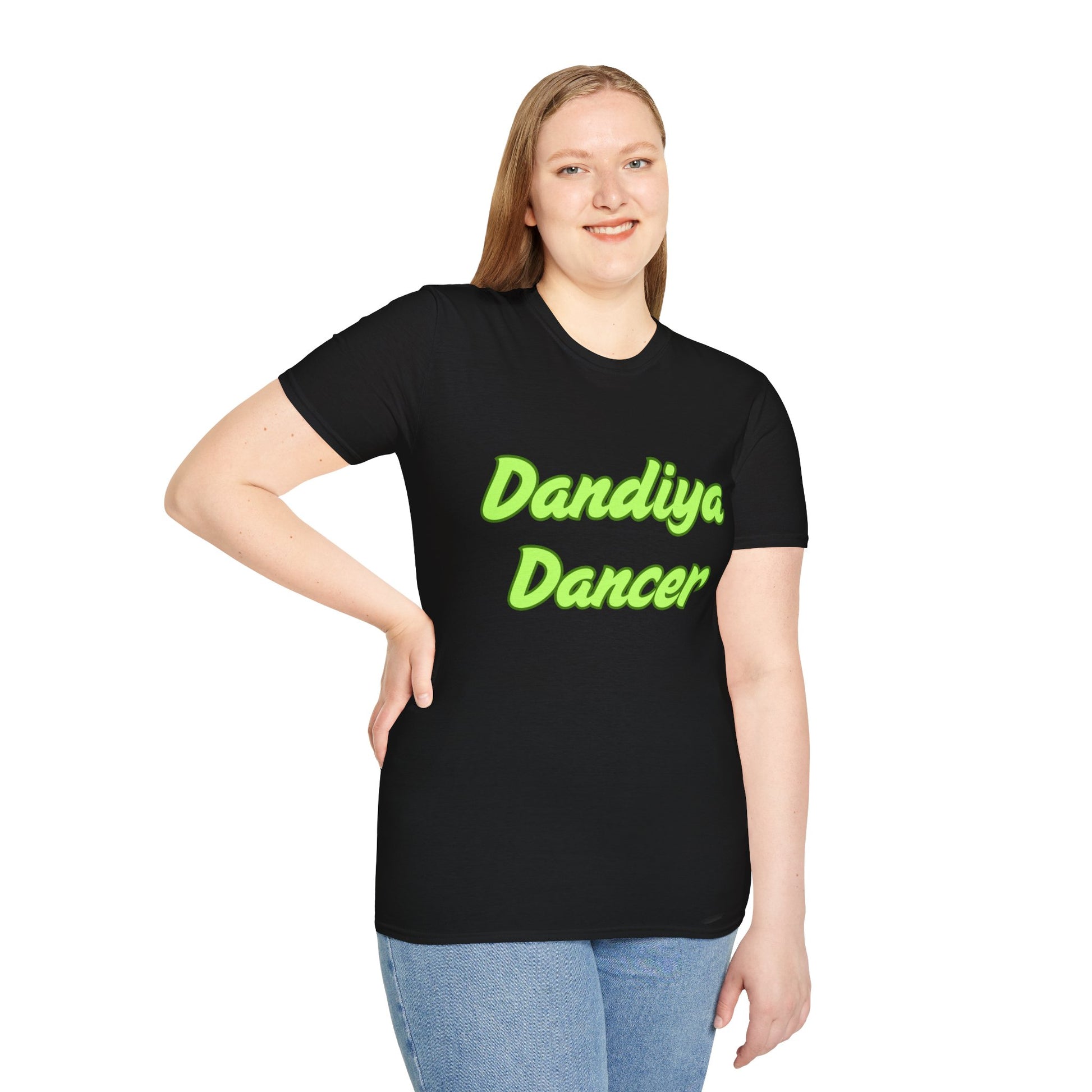 a woman wearing a black shirt that says Dandiya Dancer