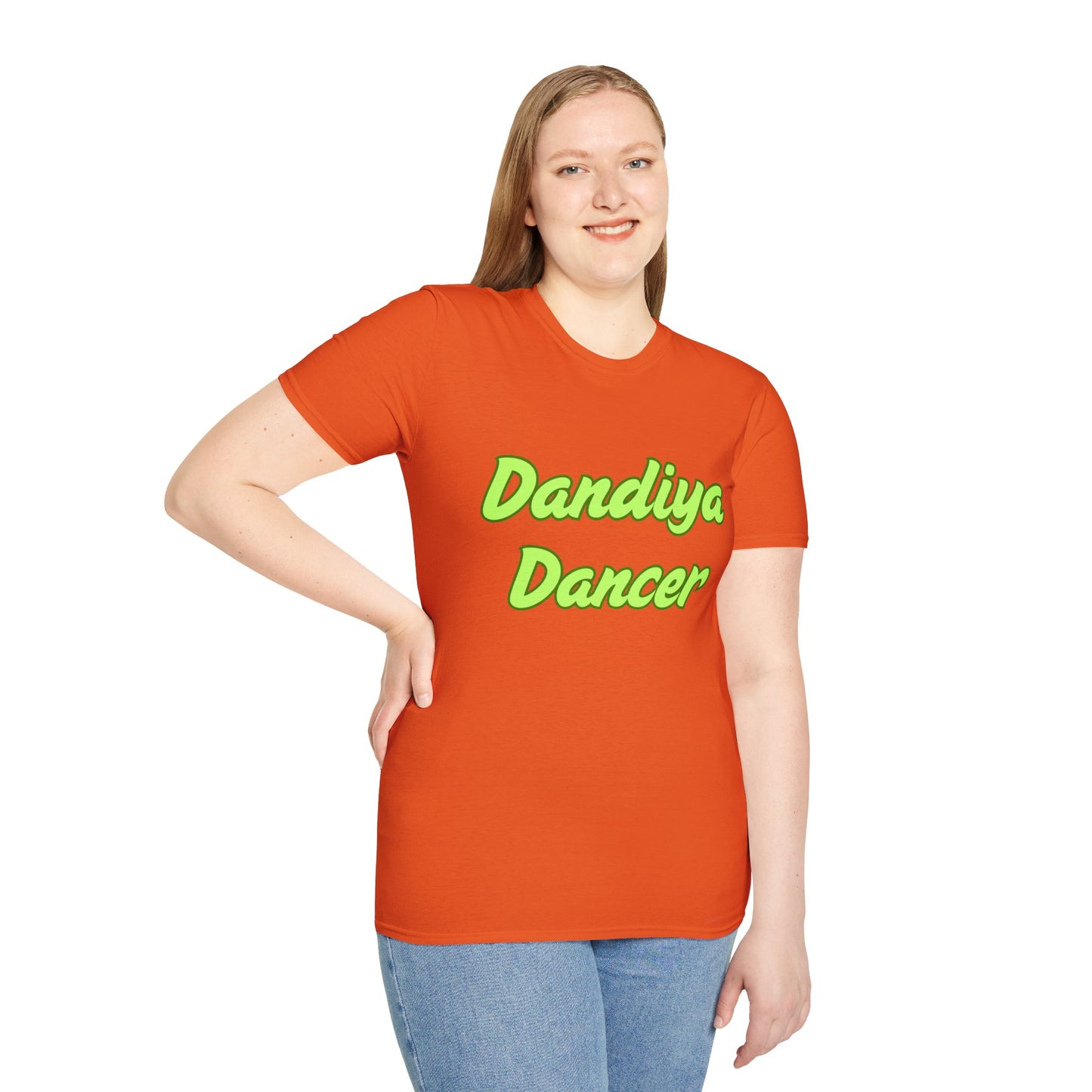 a woman wearing a orange shirt that says Dandiya Dancer