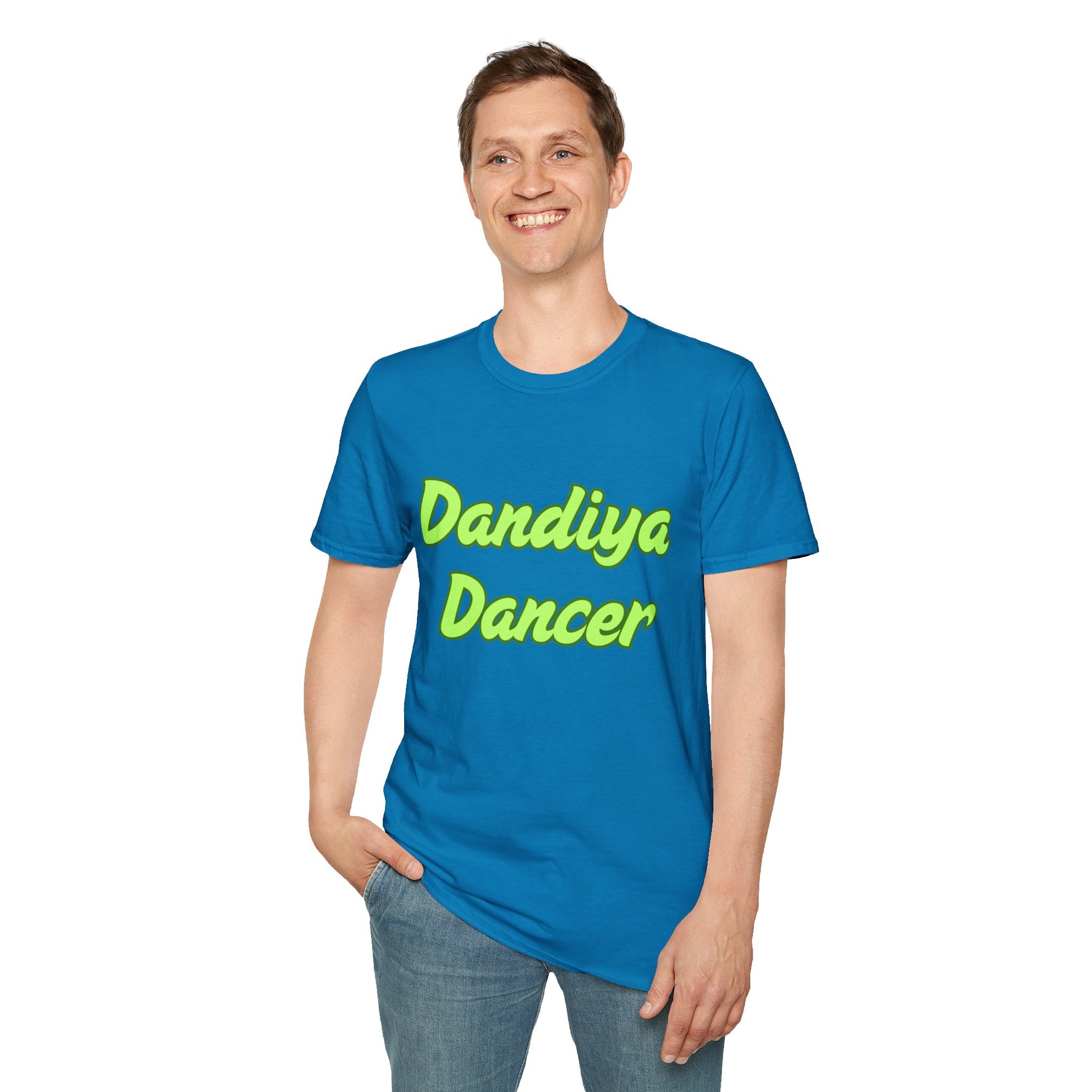 a man wearing a sapphire blue shirt that says Dandiya Dancer