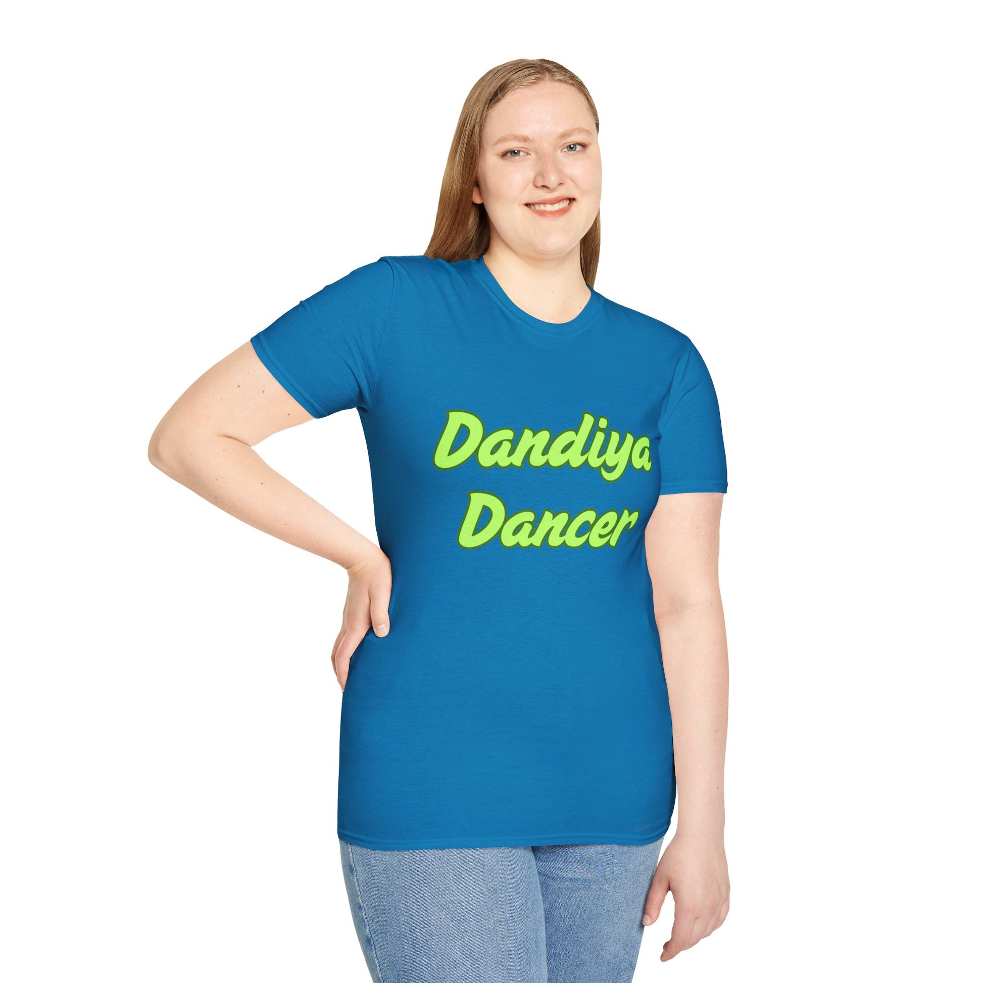 a woman wearing a sapphire blue shirt that says Dandiya Dancer