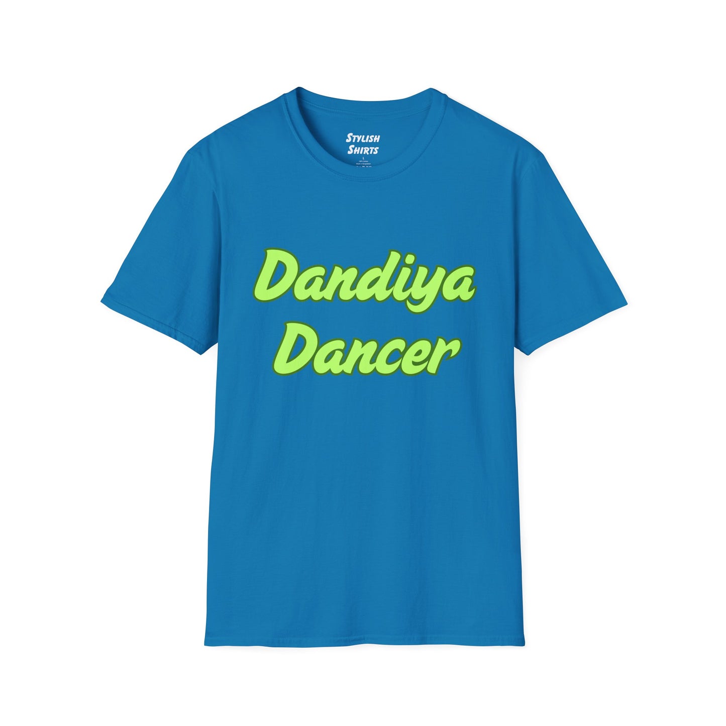 a sapphire blue shirt that says Dandiya Dancer