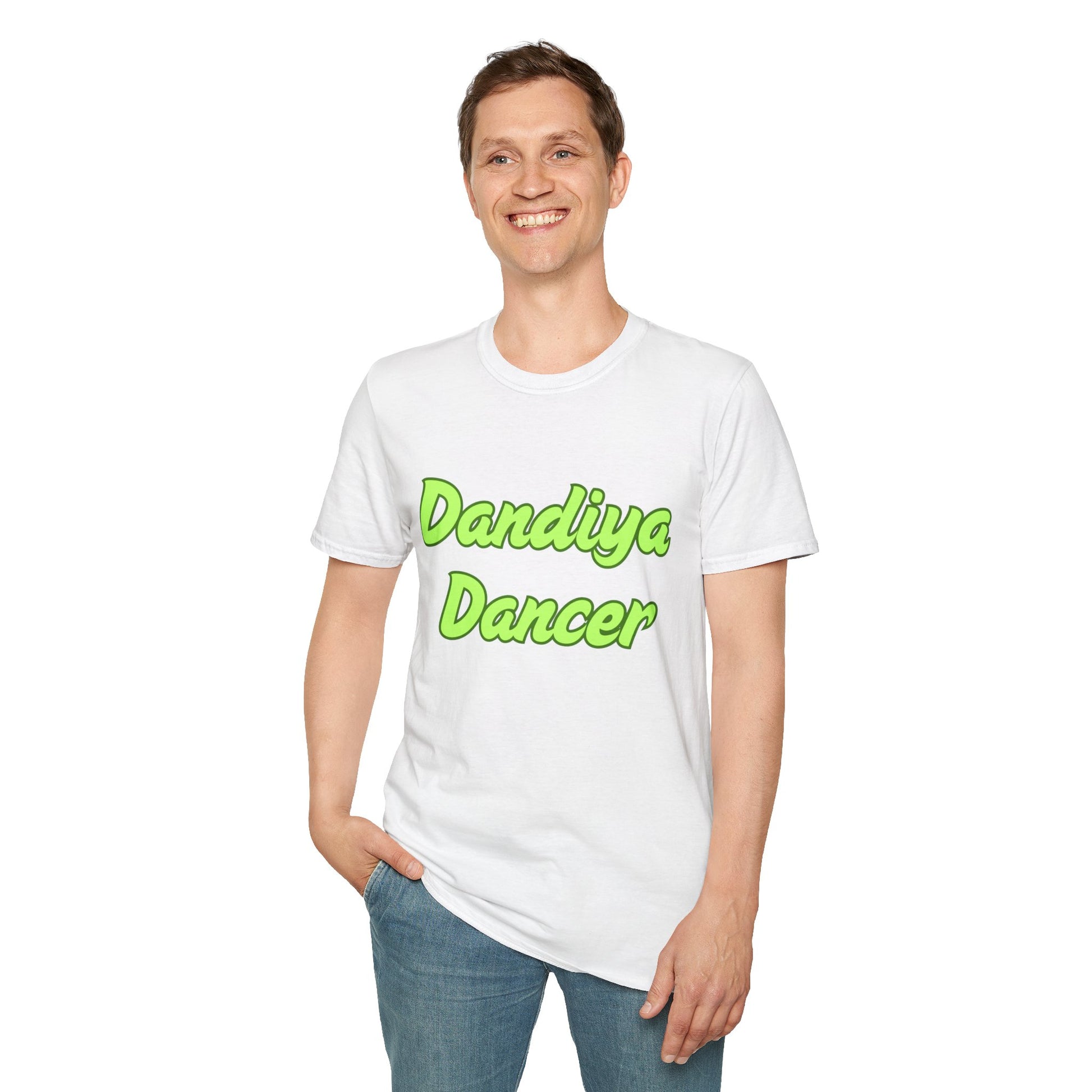 a man wearing a white shirt that says Dandiya Dancer