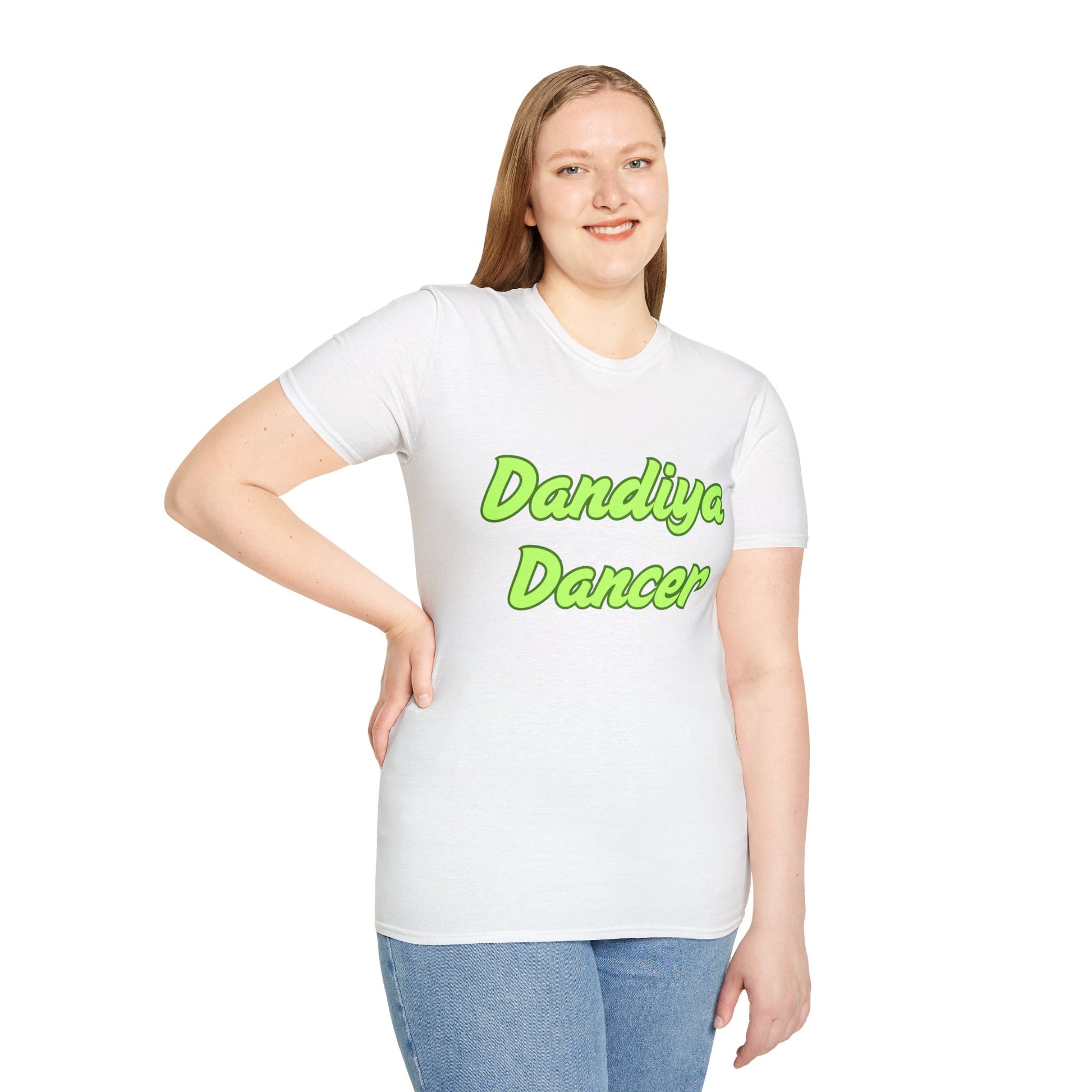 a woman wearing a white shirt that says Dandiya Dancer