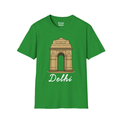 a green delhi graphic t-shirt that says Delhi with a graphic of India Gate